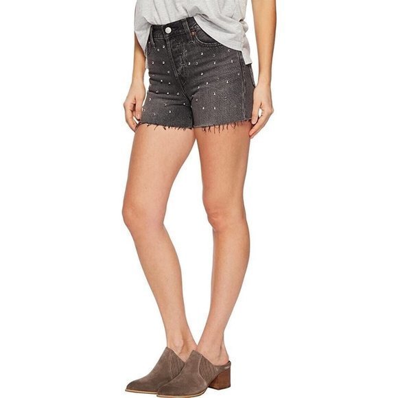 Levi’s Black Wedgie Short Cutoff Studded‎ Rhinestone Size 27 Button Fly - Picture 2 of 11